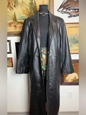 Vintage 90s-Y2k Long Black Leather Trench Coat Size L